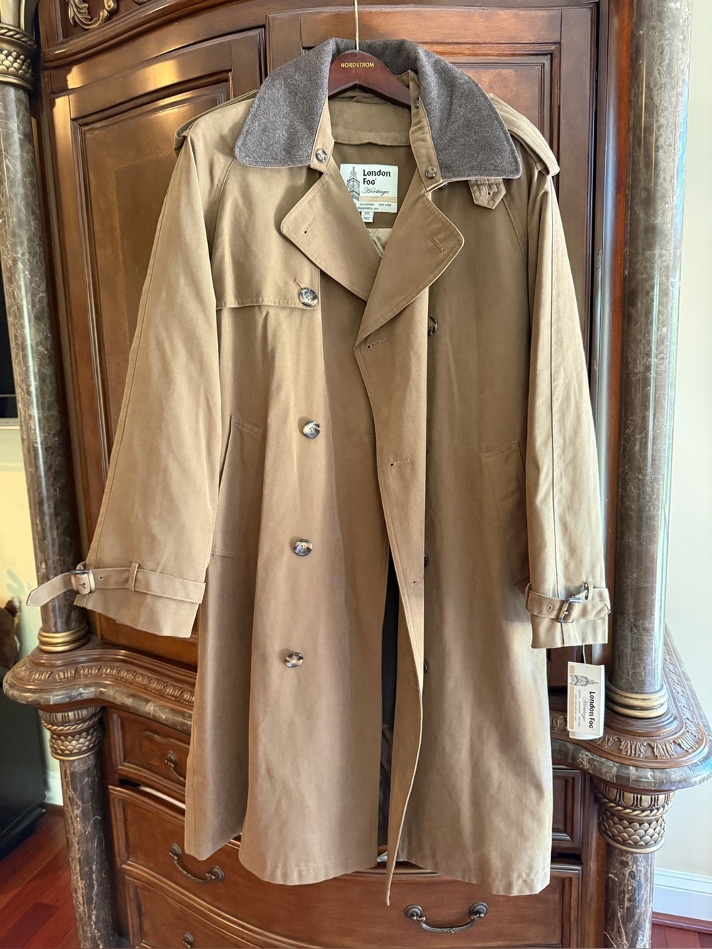 London Fog Tan Trench Coat with Gray Contrast Collar